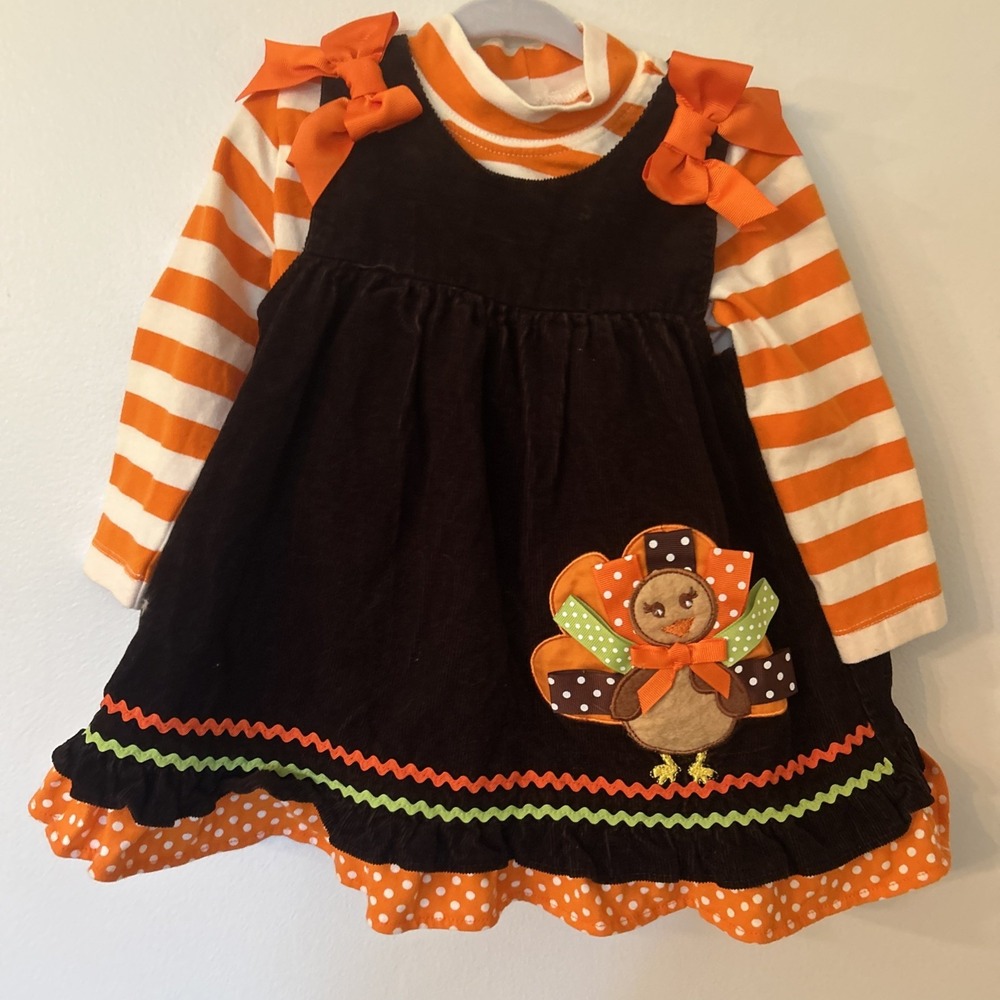 Rare Editions Turkey Thanksgiving Corduroy Jumper Dress/shirt Size‎ 18m Brown